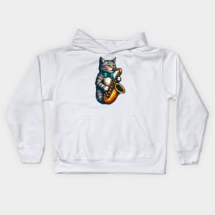 tabby cat playing saxophone Kids Hoodie